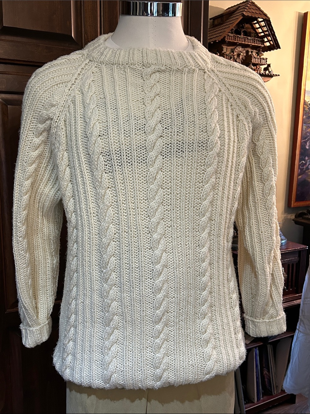 Cream Irish Cable Knit Fisherman Sweater Sz L - Hand Knit